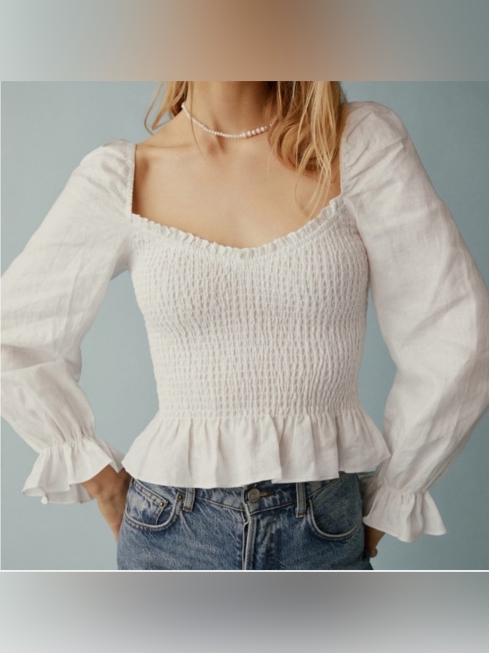 Reformation White Smocked Linen Puff Sleeve Blouse Size S